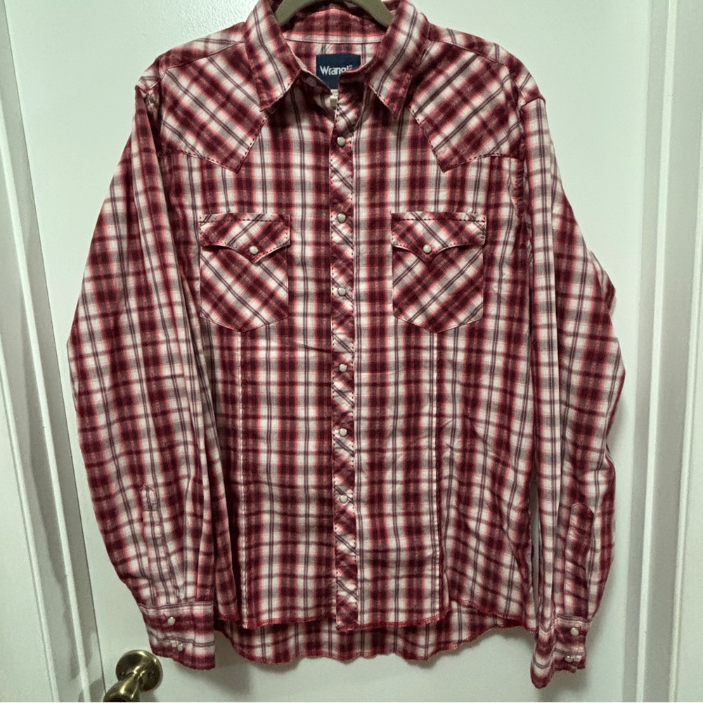 Wrangler Men’s L Pearl Snap Long Sleeve Western Style Red Plaid Shirt Cowboy